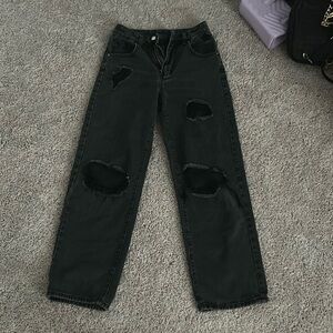 High Rise Straight Black Ripped Jeans